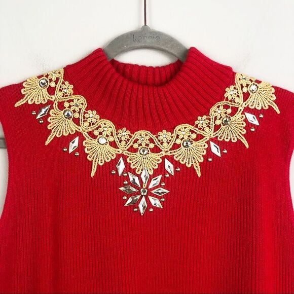 FOCUS USA | Vintage Sweater Set Red Gold Embellished Sleeveless Top & Cardigan - Picture 8 of 12